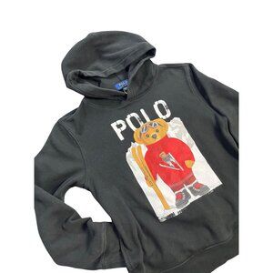 Polo Ralph Lauren Bear Hoodie L Black Fleece Cotton Blend Youth Size Large 14-16